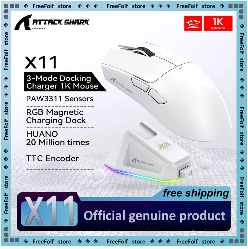 Attack Shark X11 무선 게이밍 마우스: 3모드(2.4GHz/유선/블루투스), PAW3311, 22000DPI, 400IPS, PC 게이밍 마우스