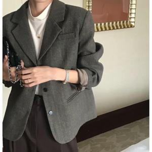 여성용 시크 빈티지 슬리밍 트위드 수트 재킷 루즈핏 싱글 버튼 긴소매 출퇴근용 두 가지 색상 가능
