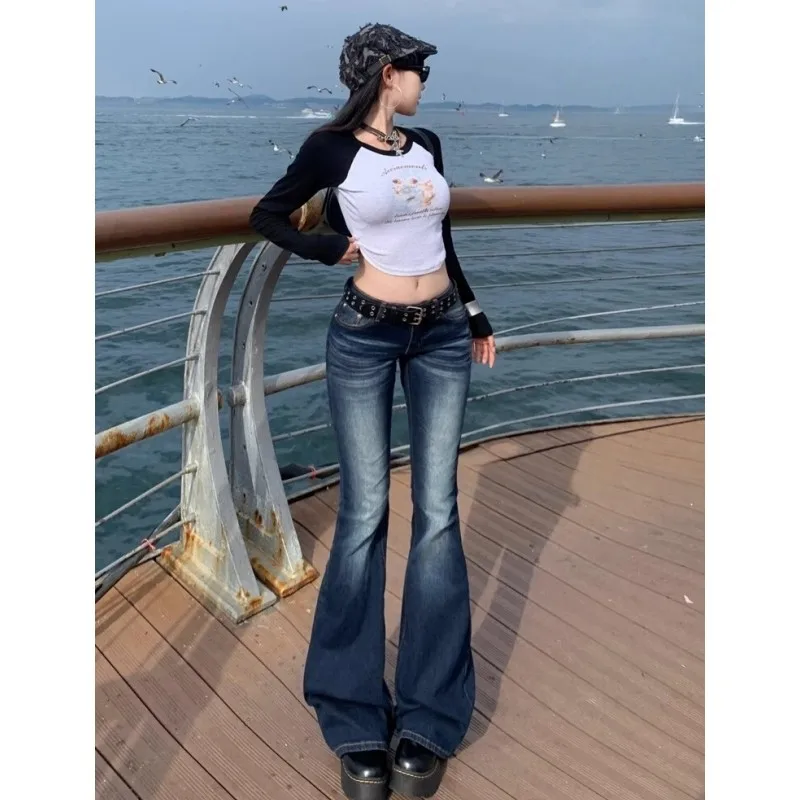 Y2K 슬림핏 하이웨이스트 캐주얼 여성 청바지 레트로 데님 팬츠 로우라이즈 플레어 트라우저 롱 부츠컷 드래그 가을 여성용