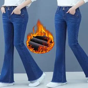 두꺼운 플리스 여성 청바지 겨울 2025 신상 벨보텀 포켓 스퀘어 슬리밍 마이크로 플레어 데님 캐주얼 솔리드 컬러