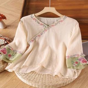 레트로 자수 코튼 린넨 셔츠 여성용 루즈핏 여름 셔츠 포켓 포함 빈티지 스타일 비즈니스 캐주얼 패션