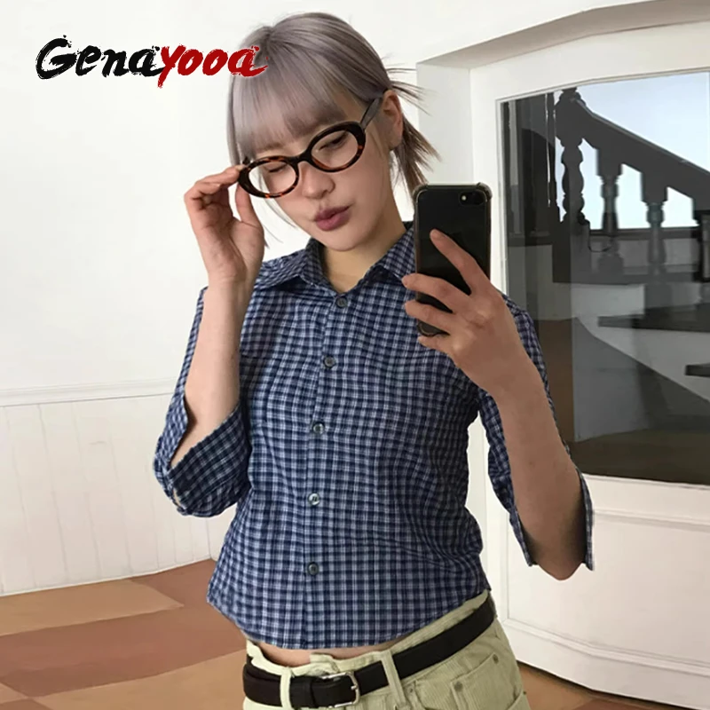 Genayooa Y2k 격자 무늬 셔츠 여성 3 분기 캐주얼 셔츠 일본 2000 년대 그런지 탑 streetwear 여름 셔츠 한국 스타일