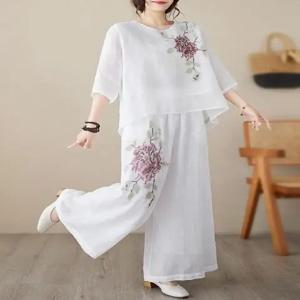 레트로 자수 코튼 린넨 세트 여성 여름 캐주얼 루즈 레그 팬츠 얇은 슬리밍 투피스 세트 편안하고 통기성 좋음