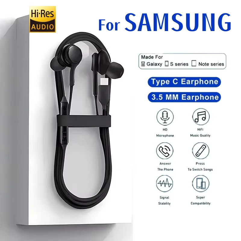 오리지널 타입 C 유선 이어폰 (3.5mm 이어버드용) 삼성 갤럭시 S25 S24 S23 S21 S22 울트라 플러스 헤드폰 A54 A34 A53 A53 노트북용