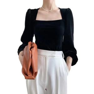 우아한 벨벳 셔츠 플러스 사이즈 궁전 스타일 스퀘어 넥 랜턴 소매 골드 벨벳 블라우스 블랙 퍼플