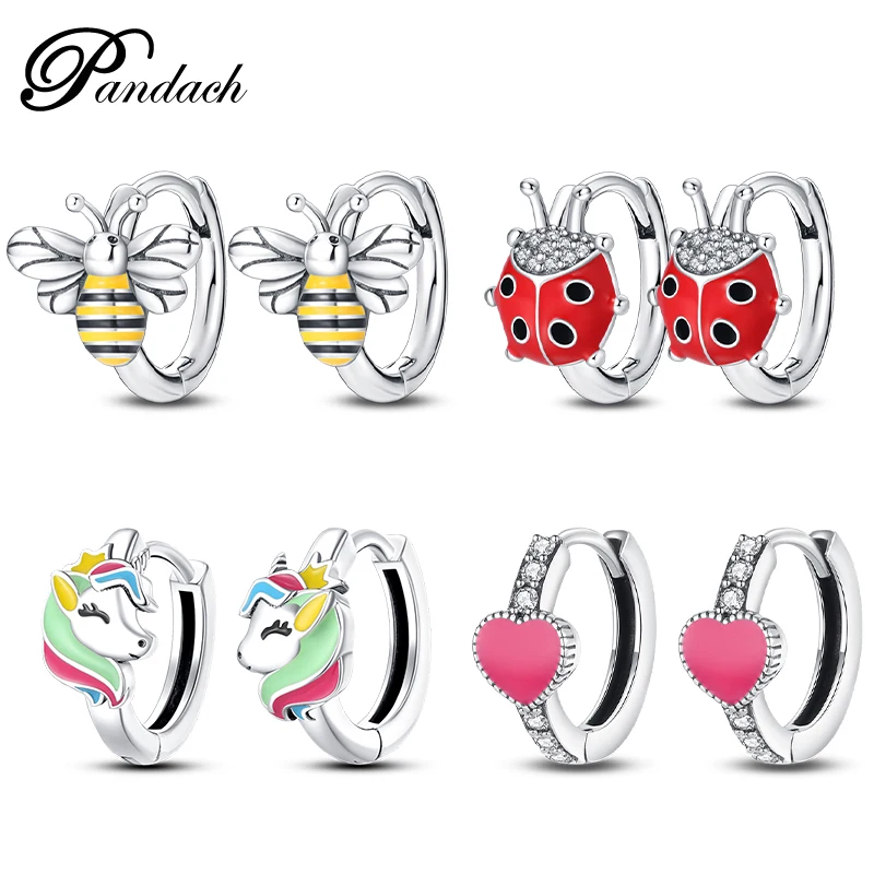 여성을위한 925 스털링 실버 절묘한 꿀벌 나비 무당 벌레 귀걸이 로맨틱 핑크 하트 모양의 귀걸이 웨딩 파티 쥬얼리