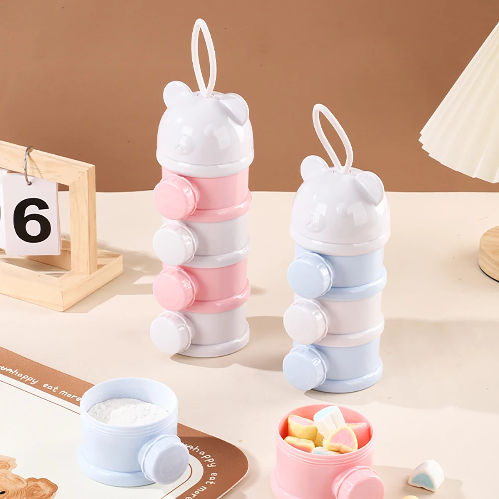 4 레이어 곰 스타일 휴대용 우유 분말 상자 여러 개구부 시리얼 만화 유아 베이비 푸드 Storag 상자 유아 스낵 용기