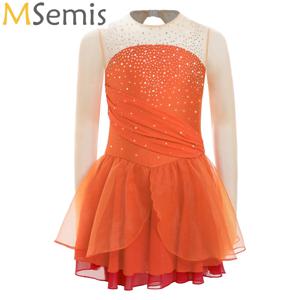 여아용 피겨 아이스 스케이팅 원피스, 반짝이 라인스톤, 긴 소매 볼룸 발레 댄스 코스튬, 공연 의류