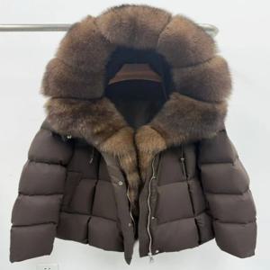 천연 너구리 모피 화이트 구스 다운 재킷 두꺼운 후드 여성용 따뜻한 가을 겨울 캐주얼 리얼 퍼 아우터웨어 리얼리티 퍼 코트