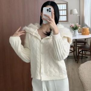 여성용 시크한 디자인 감각 네이비 칼라 두꺼운 부드러운 니트 스웨터 알파카 울 코트 따뜻한 푹신한 긴팔 가디건