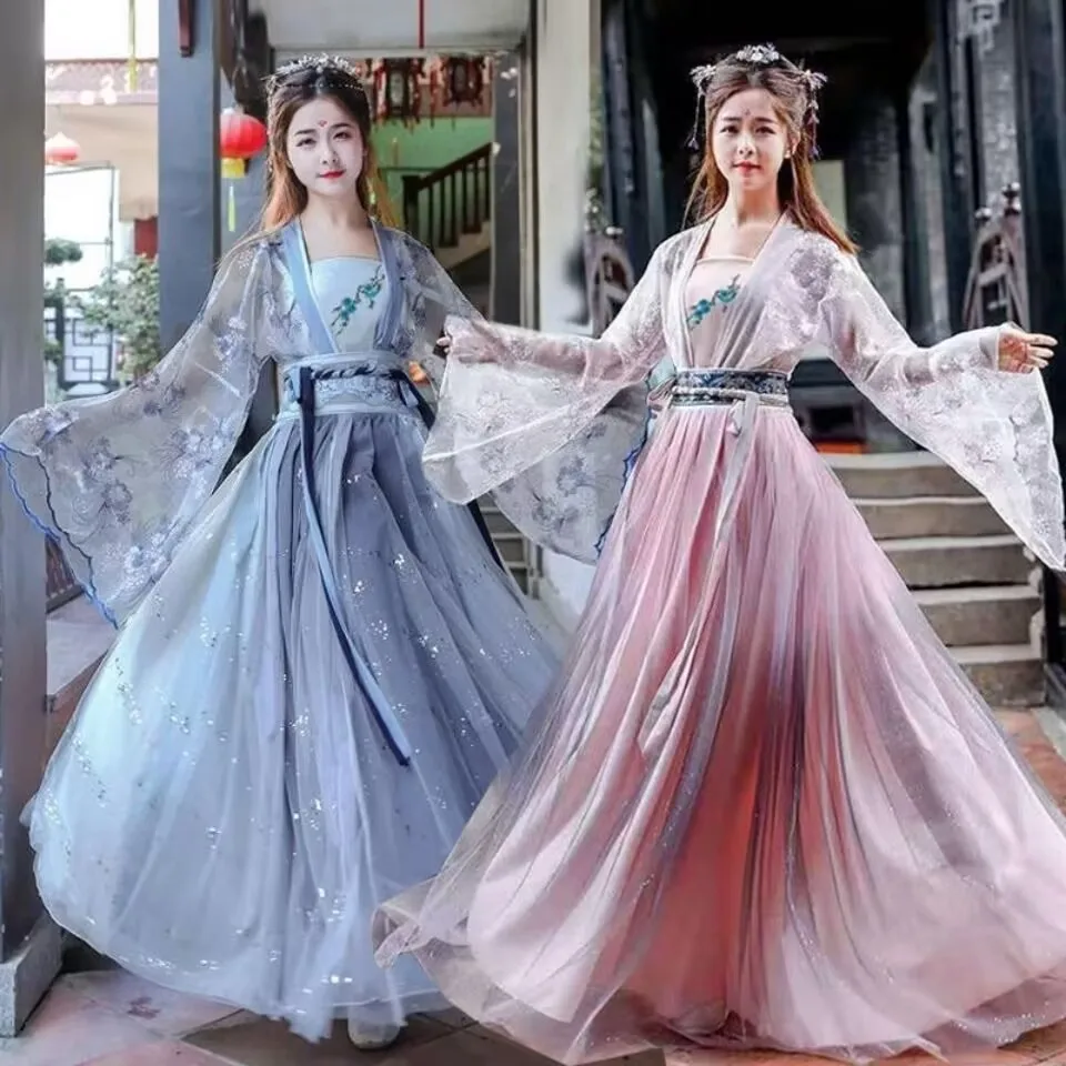 여성 Hanfu 중국 전통 민속 의상 소녀 한 왕조 댄스웨어 레이디 요정 코스프레 옷 동양 고대 왕자 정장