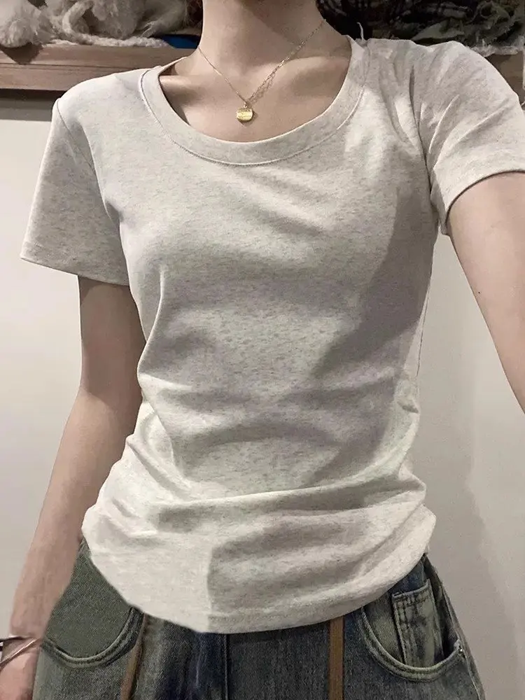 여성용 반팔 티셔츠 슬림핏 베이스 레이어 셔츠 코리안 아메리칸 퓨어 디자인 스파이시 걸 탑 통근 스타일 레귤러 길이