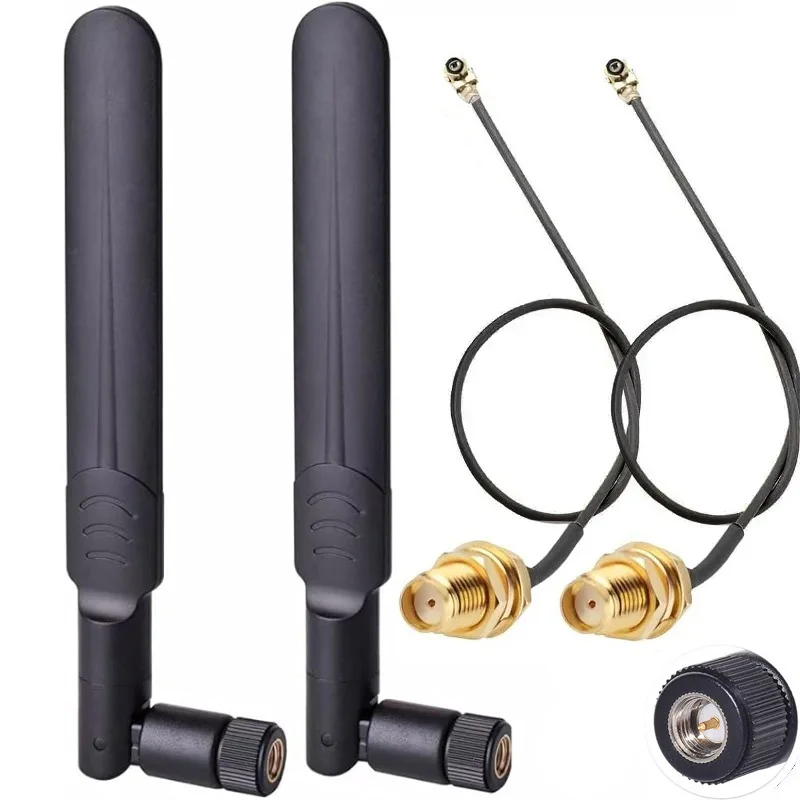 2개의 8dBi 2.4GHz 5.8GHz 듀얼 밴드 WiFi 안테나 RP-SMA 남성 커넥터 + 2개의 15CM I-P-E-X-1 - RP-SMA 여성 커넥터 피그테일 케이블 (무선 공유기용)