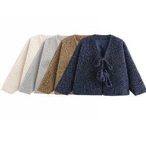 2024 가을 겨울 빈티지 캐주얼 세련된 여성 자켓 솔리드 v 넥 긴 소매 레이스 업 느슨한 두꺼운 코트 패션 Outwears