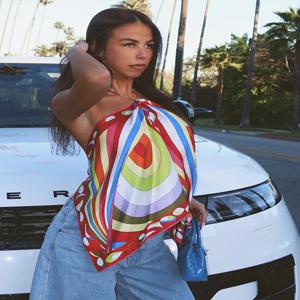 불규칙 프린트 스트랩리스 여성 베스트 스커트 투피스 세트 백리스 섹시 홀터 서스펜더 핫걸 스타일 비치 휴가복