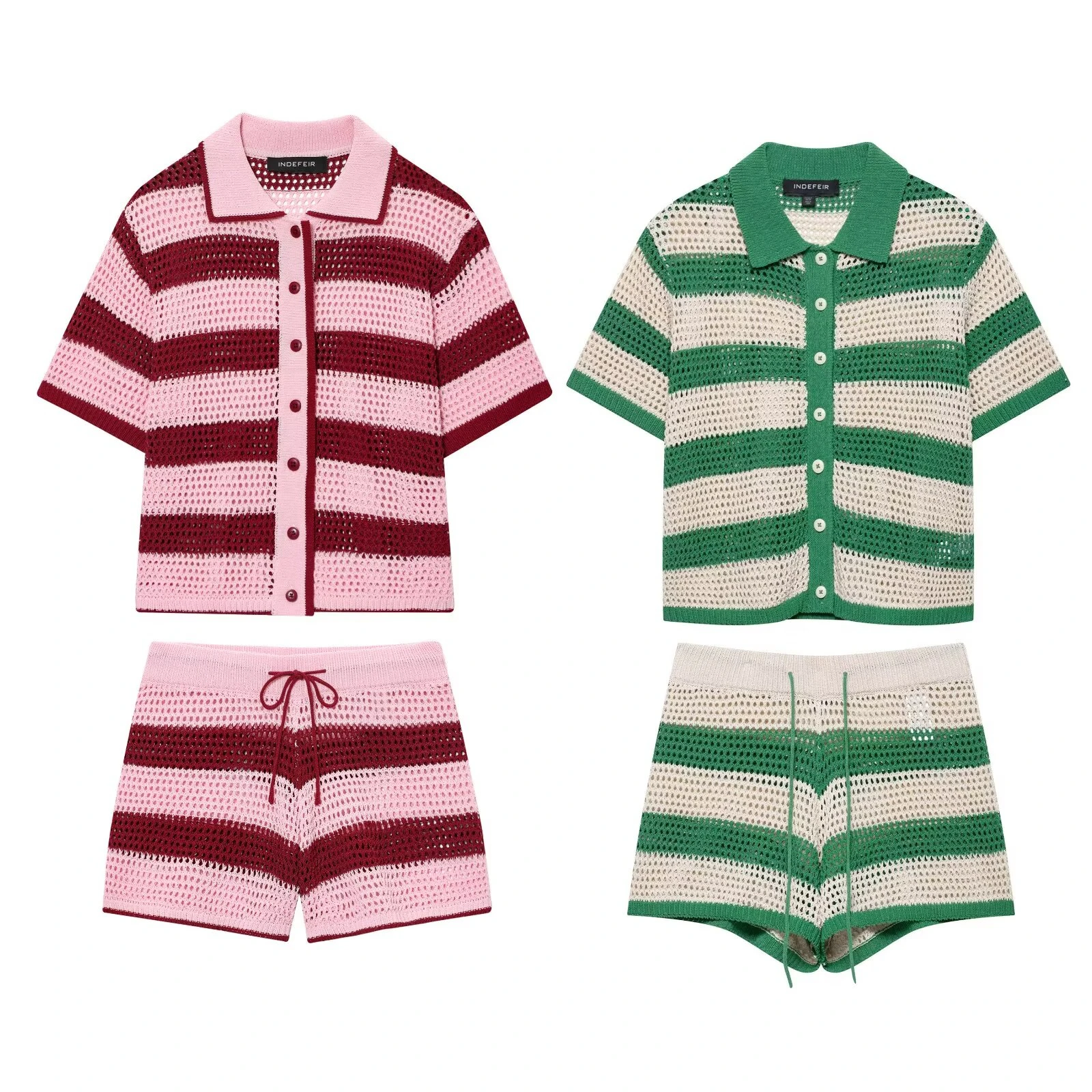 여성 니트 세트 반바지 세트 여성 싱글 브레스트 짧은 소매 셔츠 스트라이프 미니 반바지 여름 휴가 해변 레이디 슈트