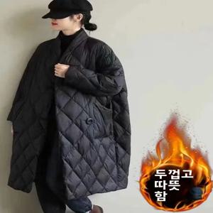 예술적인 디자인의 대형 다운 코튼 재킷 여성용 롱 오버 니 루즈핏 얇은 두꺼운 브레드 스타일 겨울옷 폴리에스터 원단