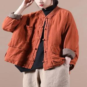 루즈핏 두꺼운 코튼 린넨 여성 자켓 가을 겨울 새로운 스타일 버튼업 에스닉 예술적 스타일 짧은 아우터웨어