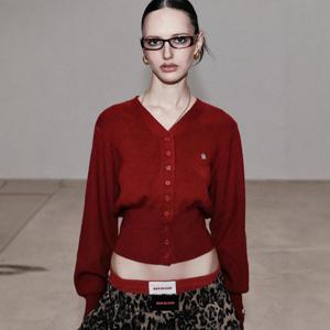 빈티지 레드 버튼업 가디건 니트 탑 슬림핏 긴팔 V넥 숏 기장 폴리에스터 섬유 통근 스타일 가디건