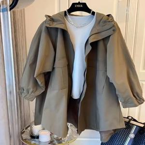 디자이너 일본 스타일 루즈핏 캐주얼 윈드브레이커 코트, 더블 포켓과 후드, 중간 길이, 패치워크 넥 핀