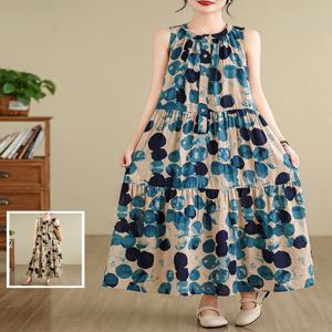 컬러 블록 폴카 도트 프린트 코튼 린 롱 슬리브리스 베스트 드레스 슬림 A라인 여름 캐주얼 하이 웨이스트 라운드 넥 드레스