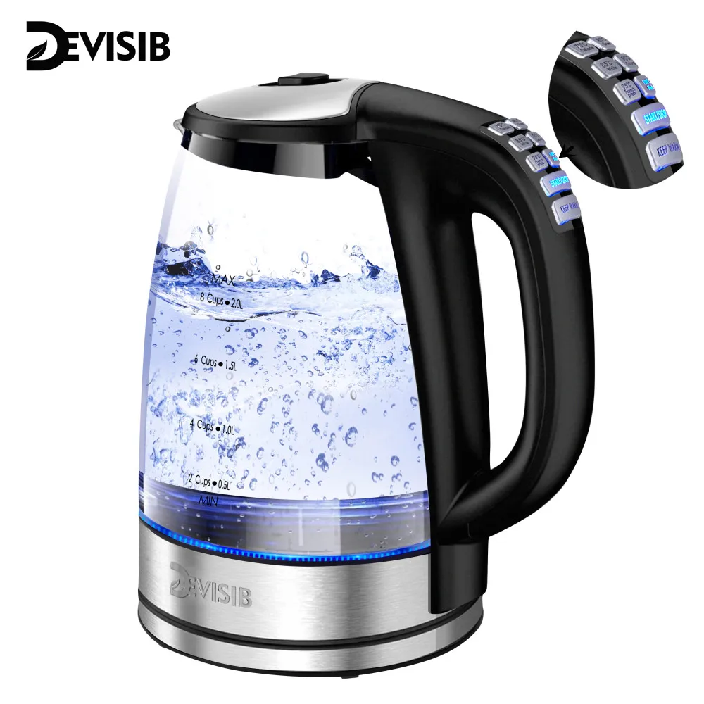 DEVISIB 전기 유리 주전자, 2200W 빠른 가열, 온도 조절, 4시간 보온, 2.0L 차 주전자 및 온수 보일러