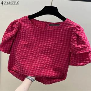 ZANZEA 여성 여름 깅엄 체크 블라우스 캐주얼 짧은 퍼프 슬리브 O 넥 블루사 레저 데일리웨어 통근 셔츠 탑