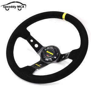 MO 딥 디쉬 레이싱 스티어링 휠, 스웨이드 가죽 드리프트 JDM 레이싱 옐로우 링, 블랙 라인, 2400MO125, 14 인치, 350mm