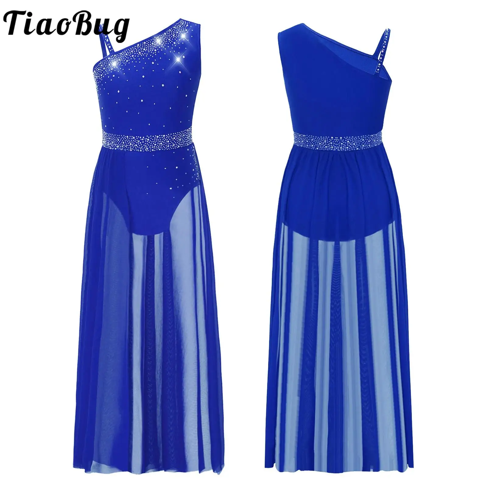 키즈 소녀 라인 석 서정적 현대 댄스 복장 비대칭 민소매 발레 체조 피겨 스케이팅 레오타드 드레스 댄스웨어