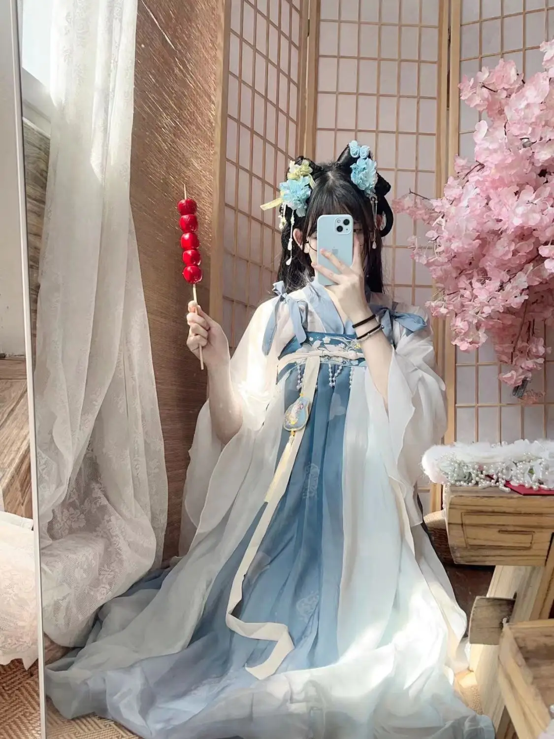 ‌ 당나라 한복 세트 - 여성용 루퀸 프린트 플리츠 스커트 한 요소 여름 의상 일상복용 중국 전통 의상