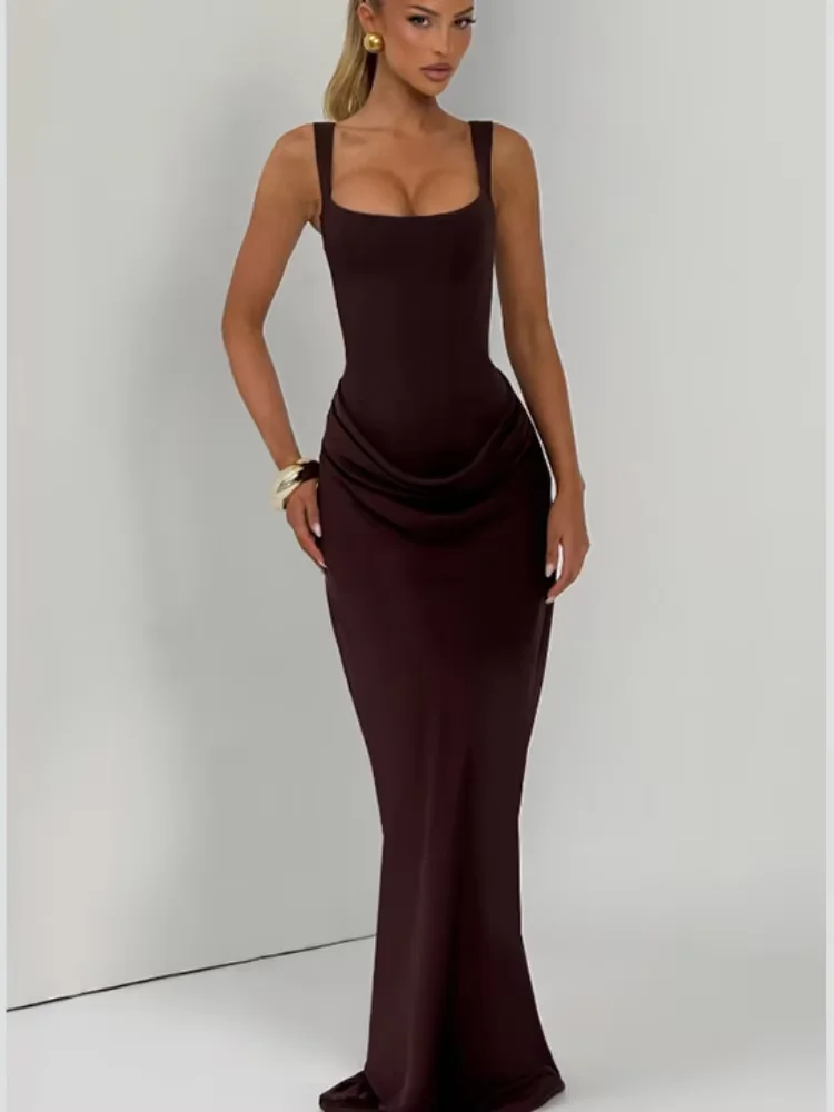 우아한 플리츠 슬링 드레스 여성 스퀘어 넥 슬리브리스 오프숄더 허리 조임 솔리드 드레스 2025 여성 이브닝 파티 가운