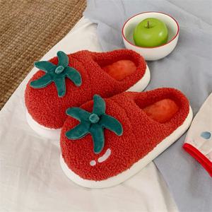 귀여운 토마토 코튼 슬리퍼 여성용 실내용 두꺼운 바닥 털신 겨울 신상 따뜻하고 부드러운 플러시 홈 슬리퍼