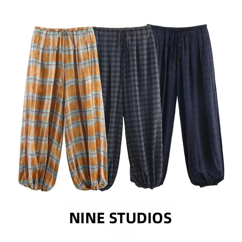 캐주얼 체크 무늬 바지 여성용 하이 웨이스트 신축성 있는 허리 루즈핏 편안한 통기성 폴리에스테르 섬유 겨울 시즌 여성용
