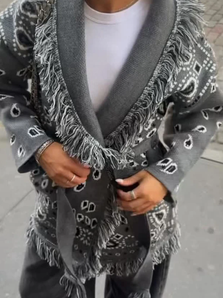 2026 봄 태슬 니트 자카드 여성 가디건 루즈 패치워크 브이넥 긴팔 두꺼운 따뜻한 스웨터 여성용 신상 니트웨어