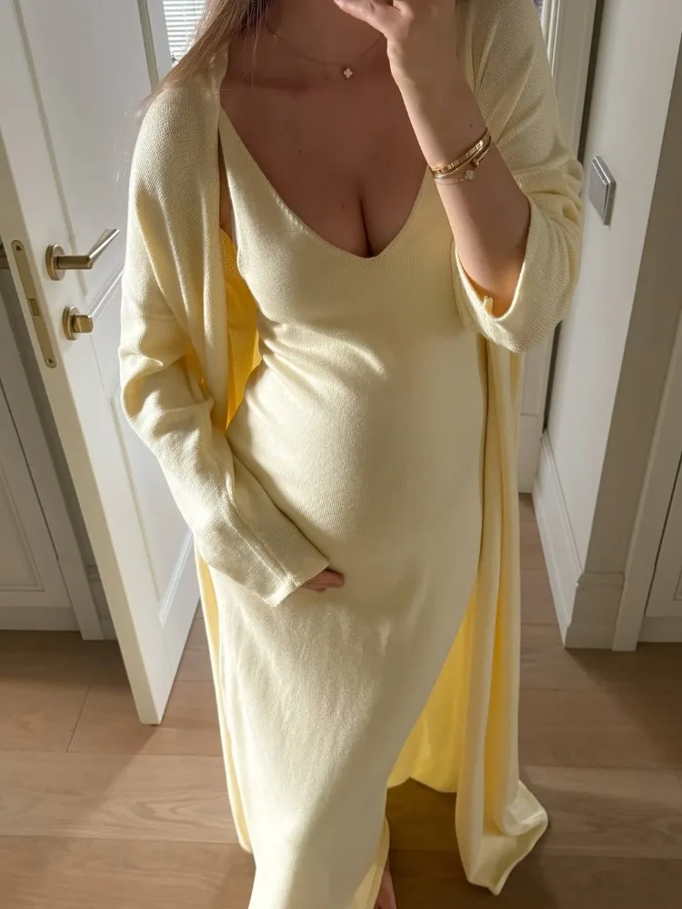 토시 니트웨어 패션 롱 드레스 의상 여성 루즈핏 커버업 V넥 골지 투피스 세트 파티룩 여성 니트 드레스 세트