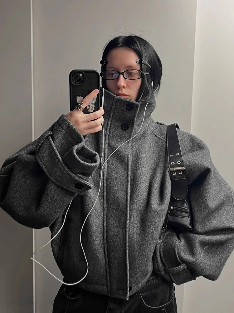 여성을위한 FSMG 빈티지 루즈 스탠드 칼라 모직 코트 캐주얼 솔리드 풀 슬리브 따뜻한 크롭 오버 코트 패션 하이 스트리트 아웃웨어