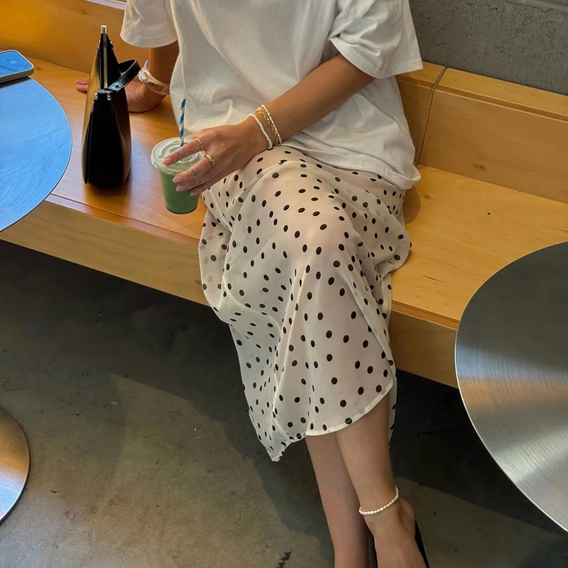 Tornova 섹시한 시스루 폴카 도트 스커트 여성용 사이드 지퍼 슬림 하이 웨이스트 중간 길이 스커트 스트레이트 여름 패션 의류