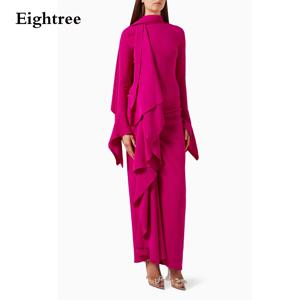 Eightree 시크한 Fuschia 이브닝 드레스, 긴팔 아랍 의상, 무도회 가운, 스트래치 새틴 비치 캐주얼 파티 원피스, 맞춤형