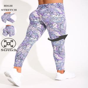 보라색 핑크 잎 프린트 캐주얼 타이트 팬츠 여성용, 고탄성 피트니스 요가 팬츠, 섹시한 나인 포인트 펜슬 팬츠