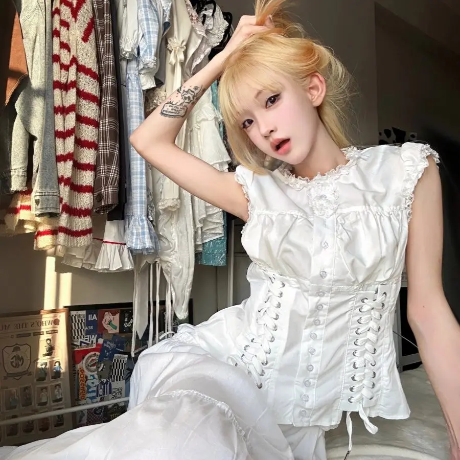 Onalippa 여성용 프렌치 레트로 코트 스타일 레이스 패치워크 타이, 화이트 반팔 셔츠, 버튼 슬림핏 슬리밍 탑, 여름