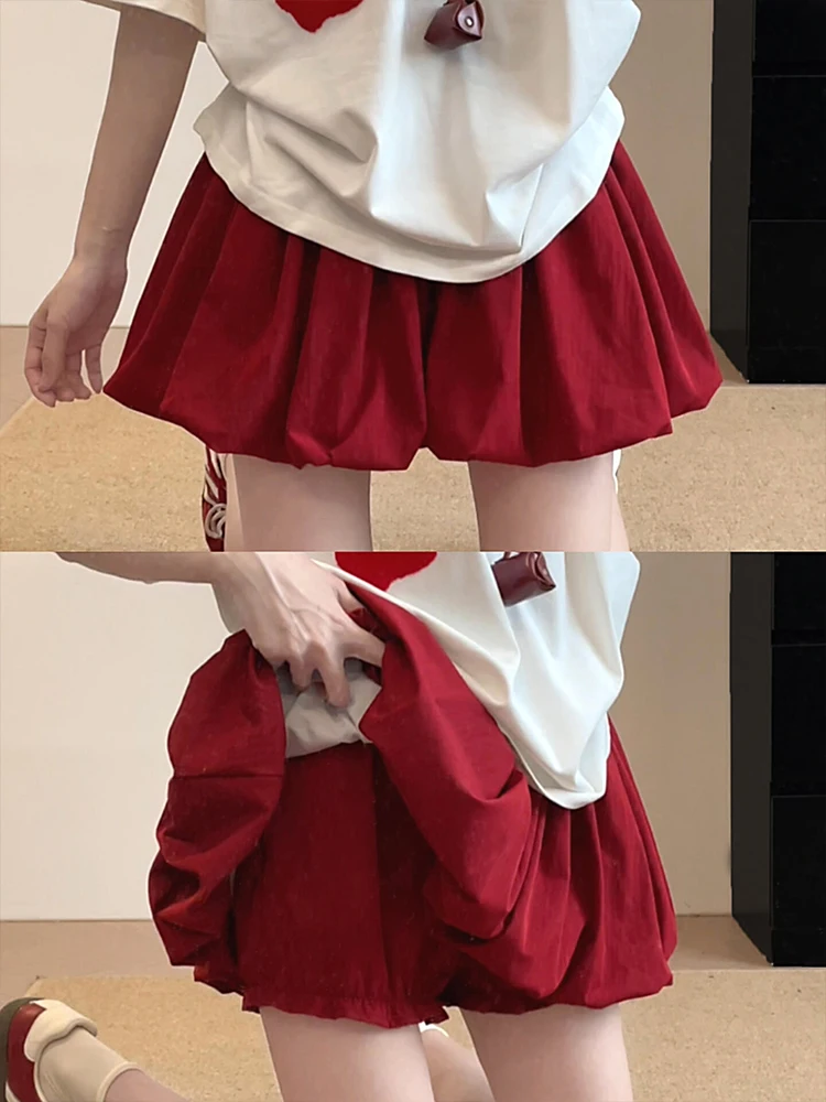 레드 페탈 헴 블룸 스커트 여성 여름 경량 하이 웨이스트 플래터링 핏 안티 슬립 라이닝 쁘띠 a 라인 미니 플로위 스커트