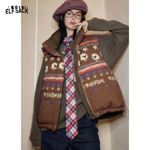 ELFSACK 2025 가을 신상품 캐주얼 보헤미안 스타일 리버시블 플로럴 프린트 다운 베스트 여성용