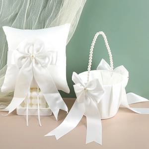 반지 무기명 베개와 결혼식을위한 꽃 소녀 바구니 세트, 흰색 새틴 결혼 반지 쿠션 진주 손잡이 꽃 소녀 바구니