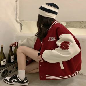 2024 가을 자켓 여성 패셔너블 소녀 아메리칸 야구 유니폼 캐주얼 탑 프린트 스플라이싱 포켓 긴팔 버튼업