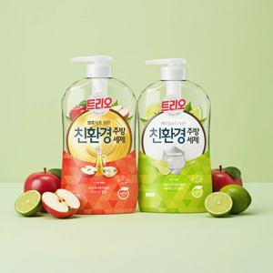 [꿀템농장]트리오 친환경 주방세제 680ML 용기 베이킹소다 라임1개 +발효식초 애플 1개