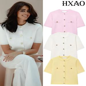 HXAO 카디건 여성 니트 버튼 숙녀 반팔 니트 볼레로 여성용 트리코 탑 여름 겉옷 크롭 카디건 탑 여성