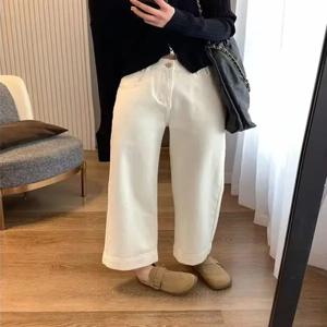 화이트 스트레이트 레그 진 여성용 신상 2025 배형 체형 스몰 사이즈 플러스 사이즈 빅MM 슬림 와이드 레그 9부 팬츠