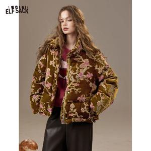 ELFSACK 2025 여성용 겨울 다운 재킷, 레트로 플로럴 자수 스탠드 칼라 패딩 코트, 로맨틱 두꺼운 따뜻한 패딩 탑