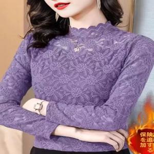 엘레 퍼플 레이스 베이스 셔츠 겨울용 두꺼운 따뜻한 레이어드 패셔너블 이너웨어 티셔츠 상의 의류 칼라 핀