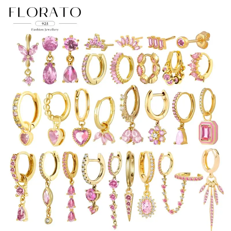 고급스러운 기하학 925 스털링 실버 귀 바늘 핑크 시리즈 지르콘 펜던트 후프 귀걸이 달콤한 패션 웨딩 쥬얼리 선물